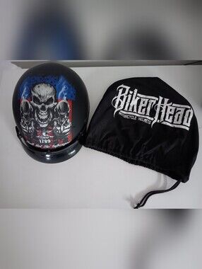 Biker Head Skull Motorcycle Half Helmet with Black Helmet Storage Bag